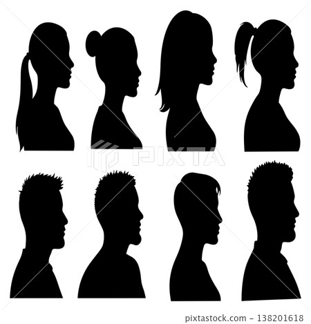 Male and female head profile silhouettes collection men and women faces portraits avatars set black Male and female head profile silhouettes collection men and women faces portraits avatars set black 138201618