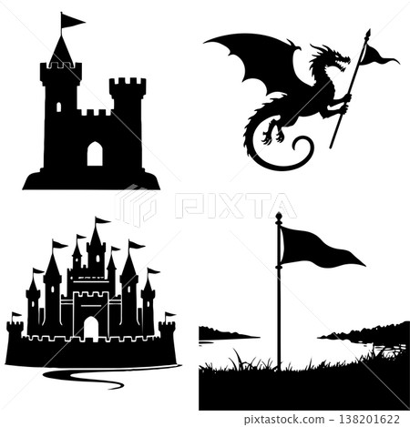 Medieval castle dragon flag icons set silhouette illustration isolated on white background Medieval castle dragon flag icons set silhouette illustration isolated on white background 138201622