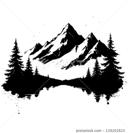 Mountain landscape silhouette with evergreen pine trees and lake reflection in hand drawn style Mountain landscape silhouette with evergreen pine trees and lake reflection in hand drawn style 138201623