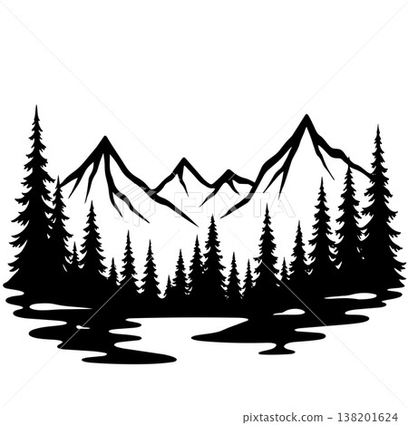 Mountain landscape with pine trees and lake in black and white silhouette for outdoor adventure Mountain landscape with pine trees and lake in black and white silhouette for outdoor adventure 138201624