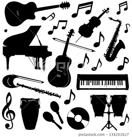 Musical instruments and notes silhouettes collection guitar piano violin saxophone drums and music Musical instruments and notes silhouettes collection guitar piano violin saxophone drums and music 138201627