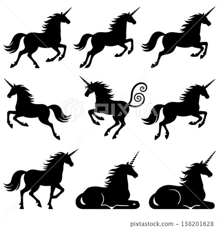 Mystical unicorn silhouettes galloping prancing standing and resting on white background Mystical unicorn silhouettes galloping prancing standing and resting on white background 138201628