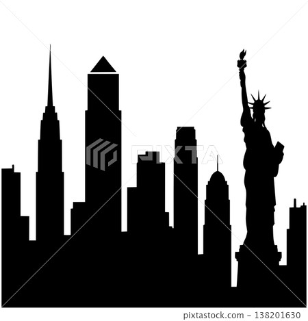 New york city skyline silhouette with statue of liberty against clear white sky background New york city skyline silhouette with statue of liberty against clear white sky background 138201630