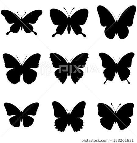 Nine black butterfly silhouettes with open wings on white background Nine black butterfly silhouettes with open wings on white background 138201631