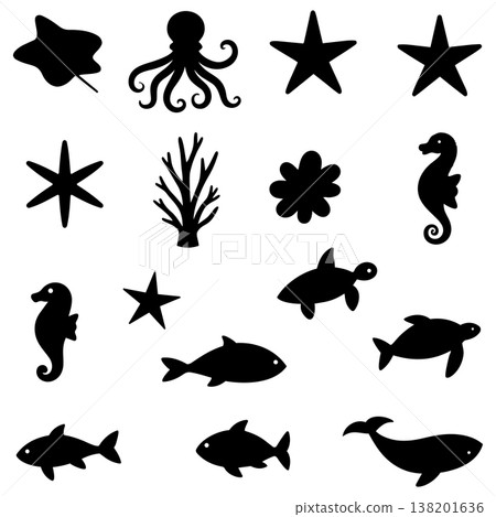 Ocean life silhouette collection sea creatures star fish seahorse octopus turtle whale fish Ocean life silhouette collection sea creatures star fish seahorse octopus turtle whale fish 138201636