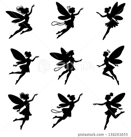 Set of beautiful fairy silhouettes, various elegant winged girls flying and dancing vector illustration 138201655