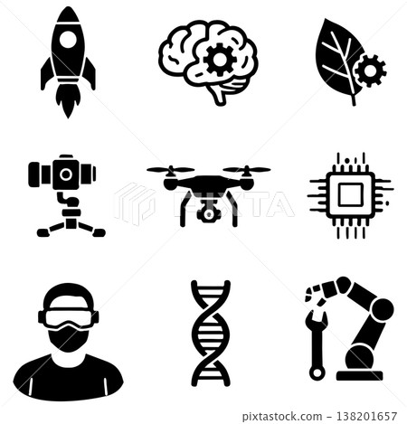 Set of black and white technology and science related icons on white background 138201657