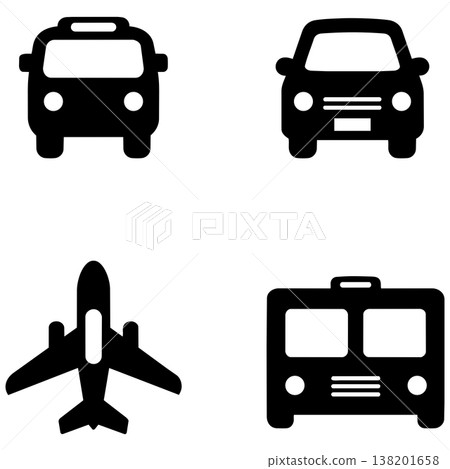 Set of black and white transportation icons on white background, featuring various vehicles Set of black and white transportation icons on white background, featuring various vehicles 138201658