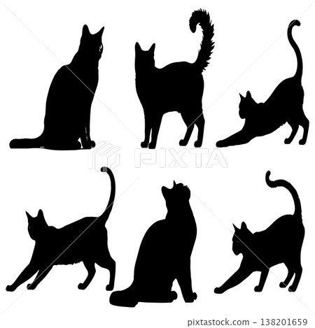 Set of black cat silhouettes in various poses on white background, pet animal outlines Set of black cat silhouettes in various poses on white background, pet animal outlines 138201659