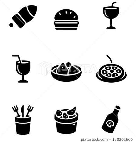 Set of black icons representing food and drinks on white background Set of black icons representing food and drinks on white background 138201660