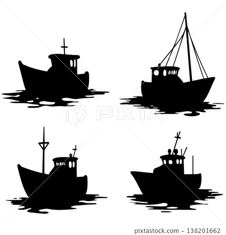 Set of black silhouettes of fishing boat simple outline illustration for design on white background 138201662