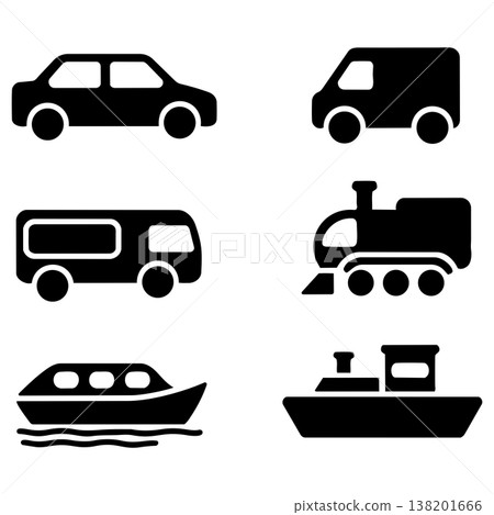 Set of black transport icons with car van bus train boat ship silhouettes on white background Set of black transport icons with car van bus train boat ship silhouettes on white background 138201666