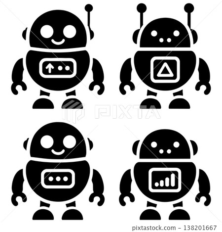 Set of cute black robot character silhouettes with different symbols on white background Set of cute black robot character silhouettes with different symbols on white background 138201667