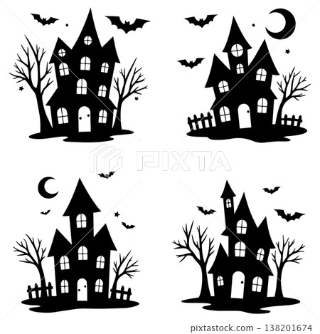 Set of four halloween haunted houses with trees bats and moon scary silhouettes Set of four halloween haunted houses with trees bats and moon scary silhouettes 138201674