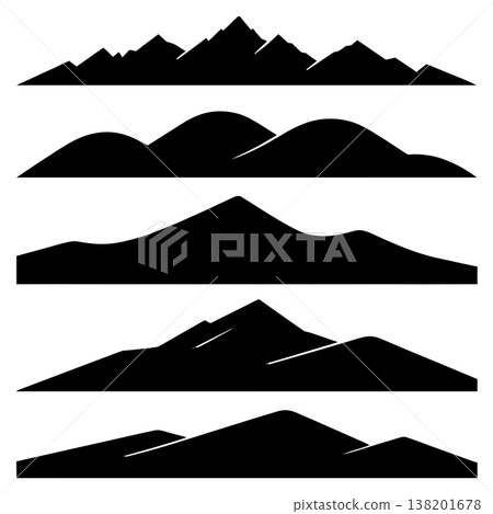 Set of isolated black silhouettes of various mountain ranges and hills on white background Set of isolated black silhouettes of various mountain ranges and hills on white background 138201678