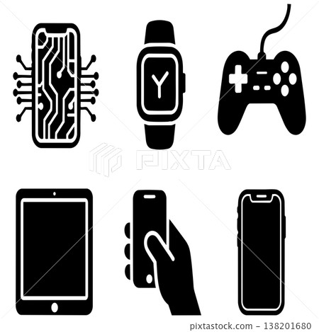 Set of six technology icons, including a circuit board phone, smartwatch, game controller, and tablet Set of six technology icons, including a circuit board phone, smartwatch, game controller, and tablet 138201680