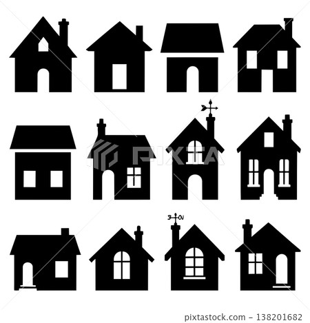 Set of various house silhouettes isolated on a white background creating a domestic theme Set of various house silhouettes isolated on a white background creating a domestic theme 138201682