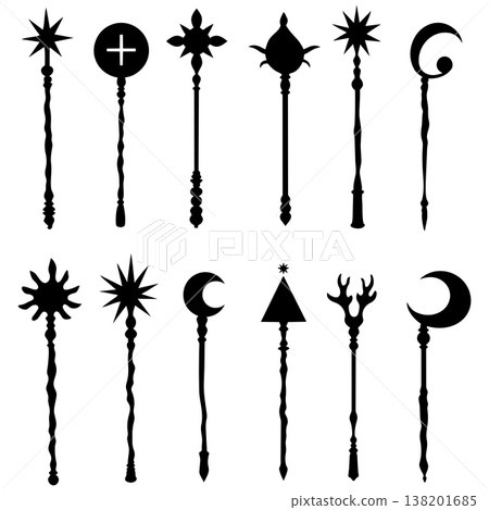 Set of wizard and magic wands silhouettes, various mystical staffs with moon star cross symbols Set of wizard and magic wands silhouettes, various mystical staffs with moon star cross symbols 138201685