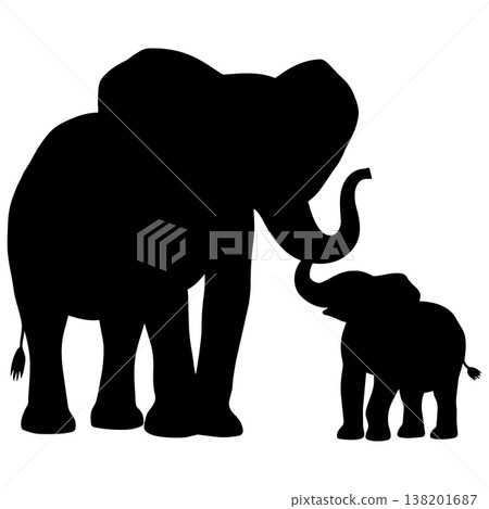 Silhouette of a mother elephant and her baby elephant standing side by side in a tender pose Silhouette of a mother elephant and her baby elephant standing side by side in a tender pose 138201687