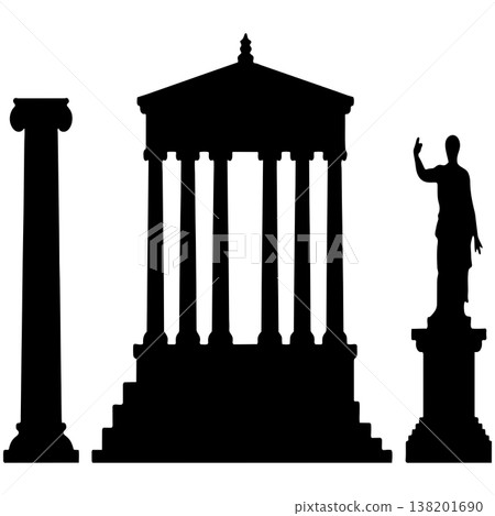 Silhouette of an ancient roman temple, a tall column, and a statue on a pedestal Silhouette of an ancient roman temple, a tall column, and a statue on a pedestal 138201690
