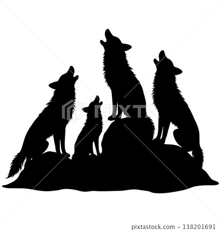 Silhouette of four wolves howling at moon on hill against white background sky 138201691