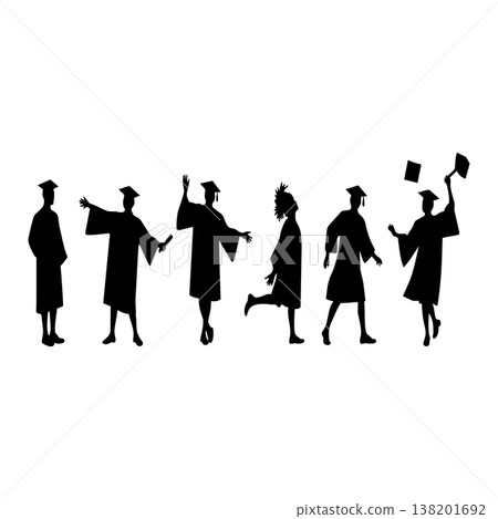 Silhouette of graduating students celebrating their success with academic gowns and mortarboard caps 138201692