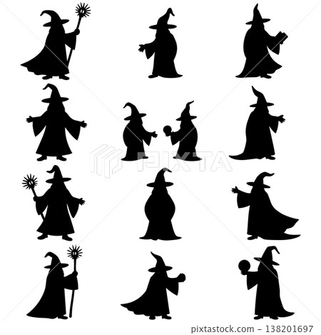 Silhouette wizards in various poses holding staffs and magical orbs against a white background Silhouette wizards in various poses holding staffs and magical orbs against a white background 138201697