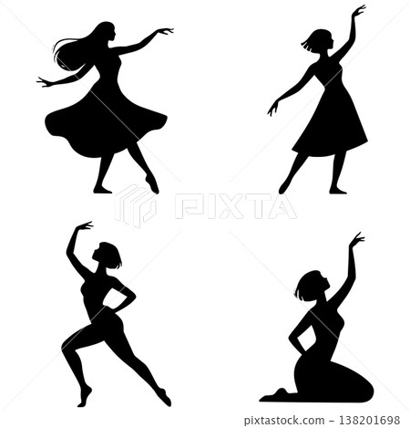 Silhouettes of ballet dancers in various graceful poses on white background studio lighting Silhouettes of ballet dancers in various graceful poses on white background studio lighting 138201698