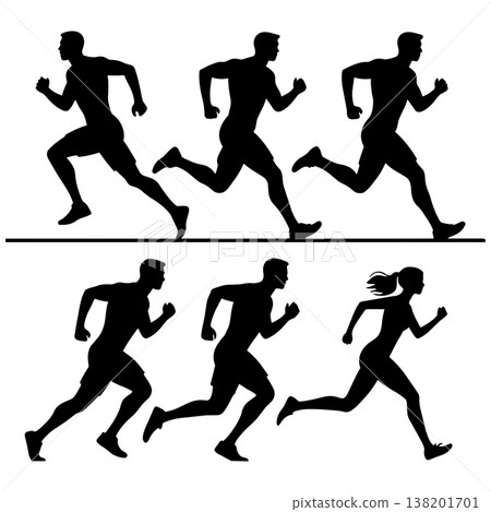 Silhouettes of men and woman running, dynamic action poses for sports and fitness themes 138201701