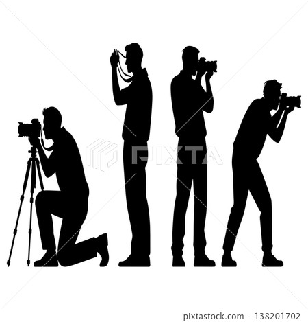 Silhouettes of photographers with cameras and tripods on white background studio lighting Silhouettes of photographers with cameras and tripods on white background studio lighting 138201702