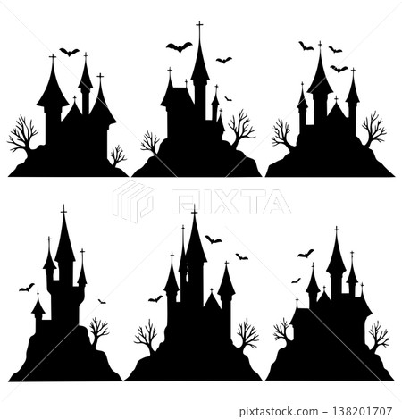 Spooky haunted castle silhouettes on hills with bats and bare trees for Halloween Spooky haunted castle silhouettes on hills with bats and bare trees for Halloween 138201707