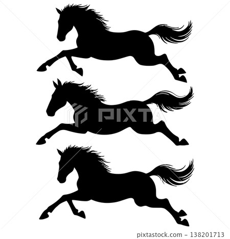 Three black horse silhouettes with flowing manes and tails captured in mid-gallop on white background Three black horse silhouettes with flowing manes and tails captured in mid-gallop on white background 138201713