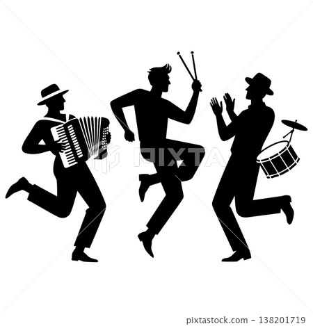 Three cheerful musicians playing accordion drums and clapper while dancing in full length silhouette Three cheerful musicians playing accordion drums and clapper while dancing in full length silhouette 138201719