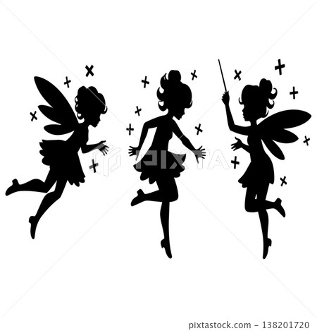 Three dancing fairies silhouette magical sprites with wings and magic wand and sparkles fantasy characters Three dancing fairies silhouette magical sprites with wings and magic wand and sparkles fantasy characters 138201720