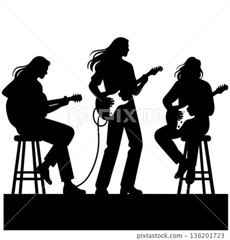 Three musicians playing guitars on stage in black silhouette isolated on a white background 138201723