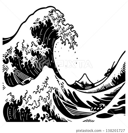 Traditional japanese style ocean wave illustration black and white woodblock print artistic design Traditional japanese style ocean wave illustration black and white woodblock print artistic design 138201727