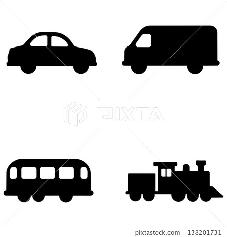 Transportation silhouette icons set featuring passenger car delivery van transit bus and steam train Transportation silhouette icons set featuring passenger car delivery van transit bus and steam train 138201731