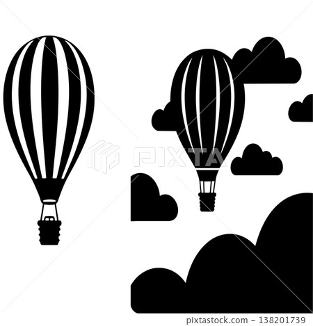 Two black silhouette hot air balloons with clouds on a white background representing travel 138201739