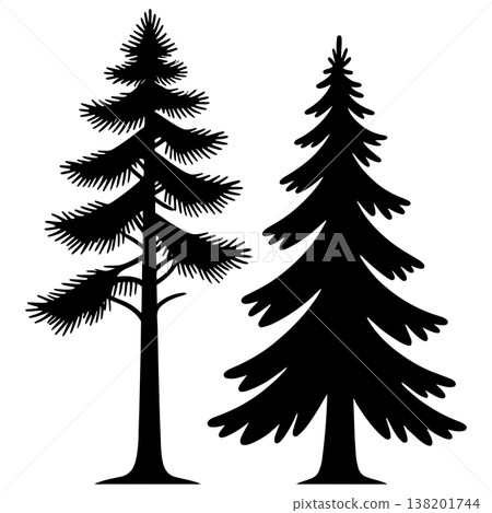 Two evergreen pine tree silhouettes showing different branch structures for forest nature designs 138201744