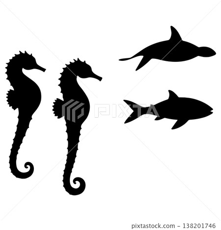 Two seahorses and two sharks in silhouette swimming in water ocean life 138201746