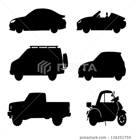 Various car silhouettes including sedan convertible suv and pickup truck for transportation design Various car silhouettes including sedan convertible suv and pickup truck for transportation design 138201750