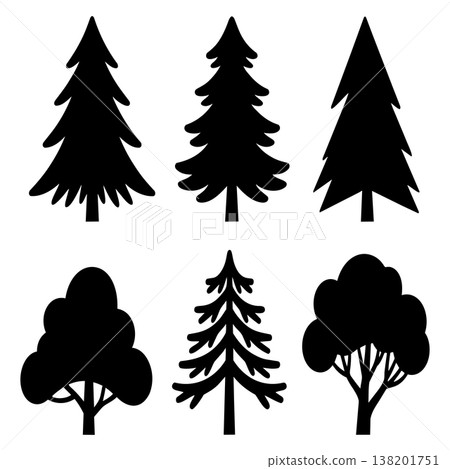 Various tree silhouettes evergreen deciduous forest nature elements outdoors plants detailed wood shapes Various tree silhouettes evergreen deciduous forest nature elements outdoors plants detailed wood shapes 138201751