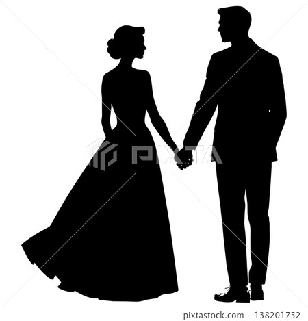 Wedding couple holding hands romantic silhouette of man and woman formal attire 138201752