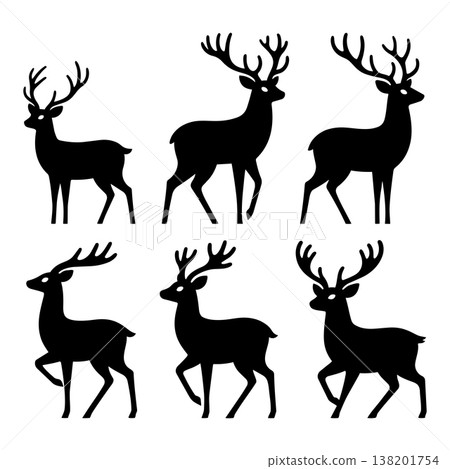 Wild deer silhouettes with majestic antlers in various poses for hunting and nature design graphics Wild deer silhouettes with majestic antlers in various poses for hunting and nature design graphics 138201754