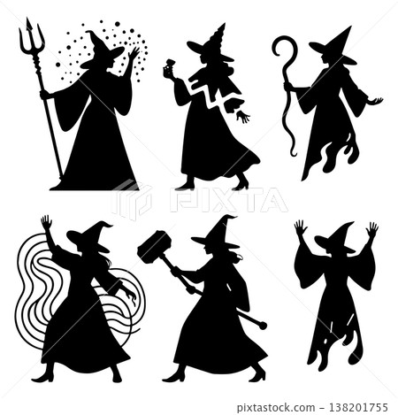 Witch silhouette collection with magical staffs and sorcery accessories for halloween party design Witch silhouette collection with magical staffs and sorcery accessories for halloween party design 138201755