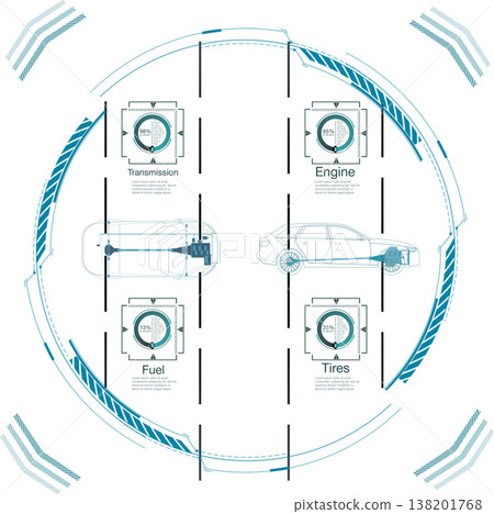 Futuristic heads up display shows car diagnostic data. Infographics detail engine, transmission, fuel, and tires status with percentages. Clean tech vector illustration on a white background 138201768