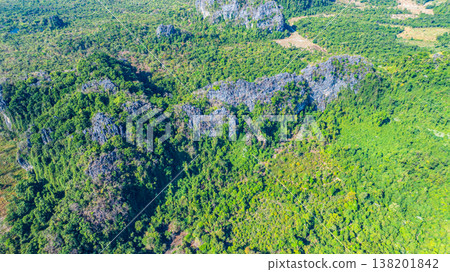 Serene Countryside with Towering Rocky Mountains in Laos Serene Countryside with Towering Rocky Mountains in Laos 138201842