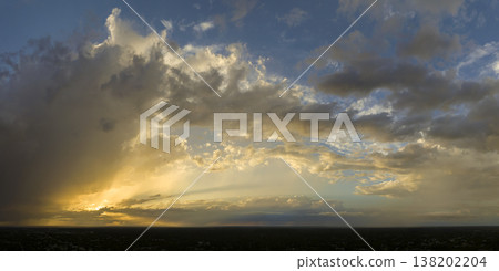 Evening sunset sky with colorful clouds. Panoramic skyscape 138202204