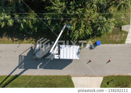 Electricity outage prevention. Electrician worker trimming tree around power lines Electricity outage prevention. Electrician worker trimming tree around power lines 138202211