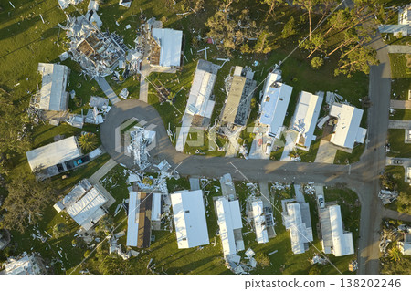 Destroyed by hurricane Ian suburban houses in Florida mobile home residential area. Consequences of natural disaster 138202246